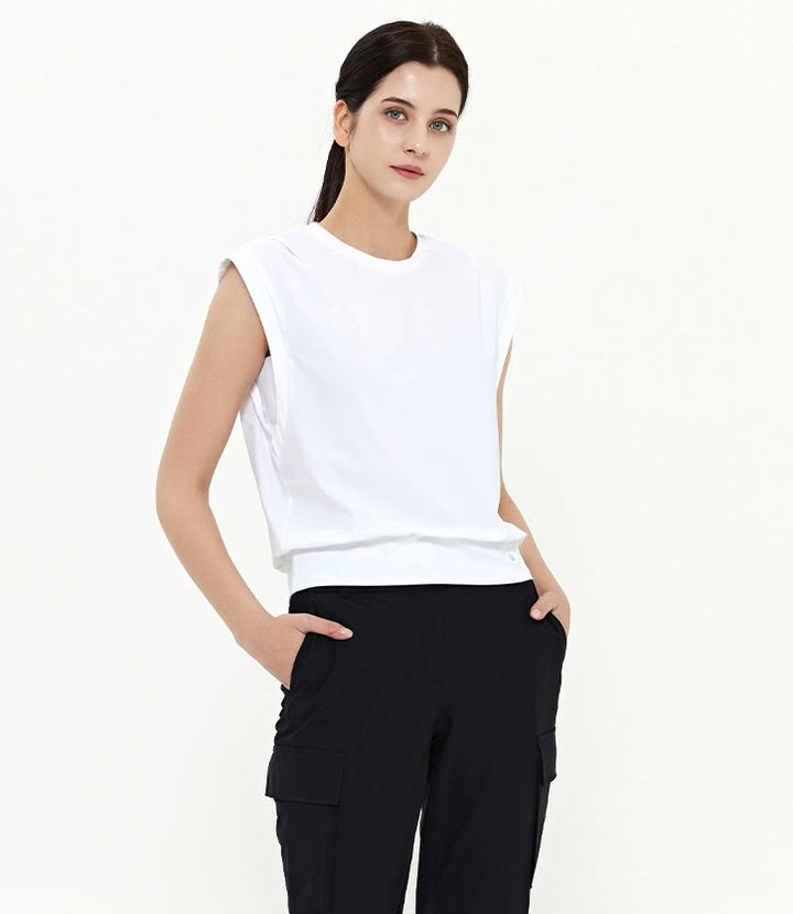 Overfit Blouson Sleeveless Round T-shirt-White, Deep Green, Black