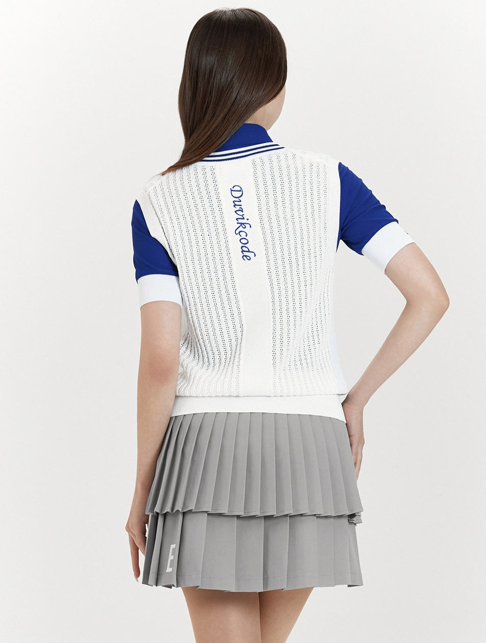 Mesh Cable-Knit V-neck Vest-White, Blue