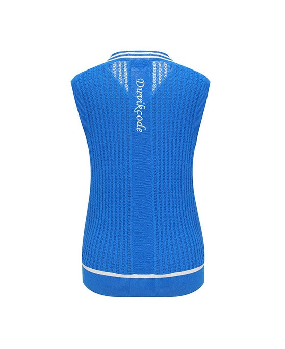 Mesh Cable-Knit V-neck Vest-White, Blue