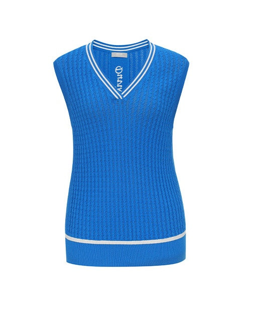 Mesh Cable-Knit V-neck Vest-White, Blue