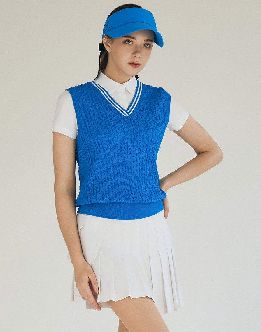 Mesh Cable-Knit V-neck Vest-White, Blue