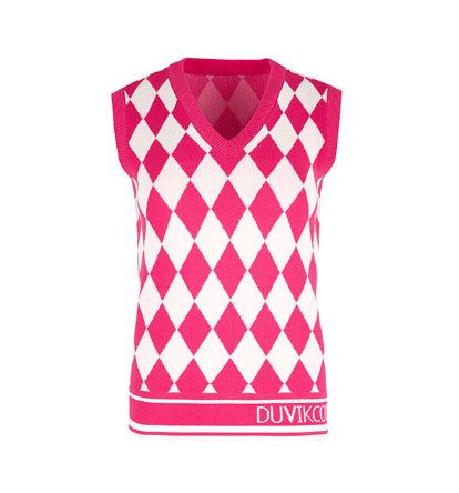 Argyle Pattern V-Neck Vest- Deep Pink, Sky Blue