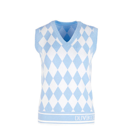 Argyle Pattern V-Neck Vest- Deep Pink, Sky Blue