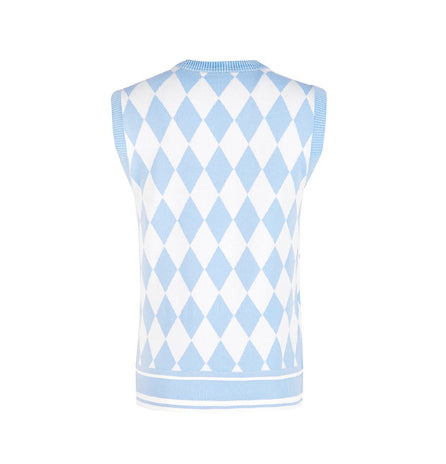 Argyle Pattern V-Neck Vest- Deep Pink, Sky Blue