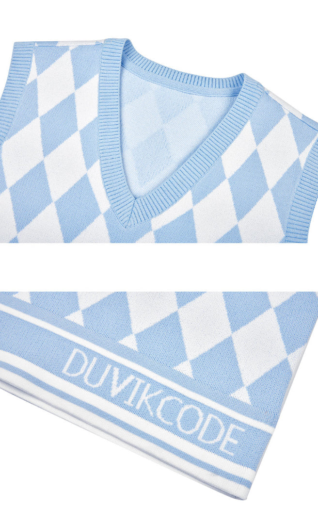 [DUVIK] Argyle Pattern V-Neck Vest- Deep Pink, Sky Blue