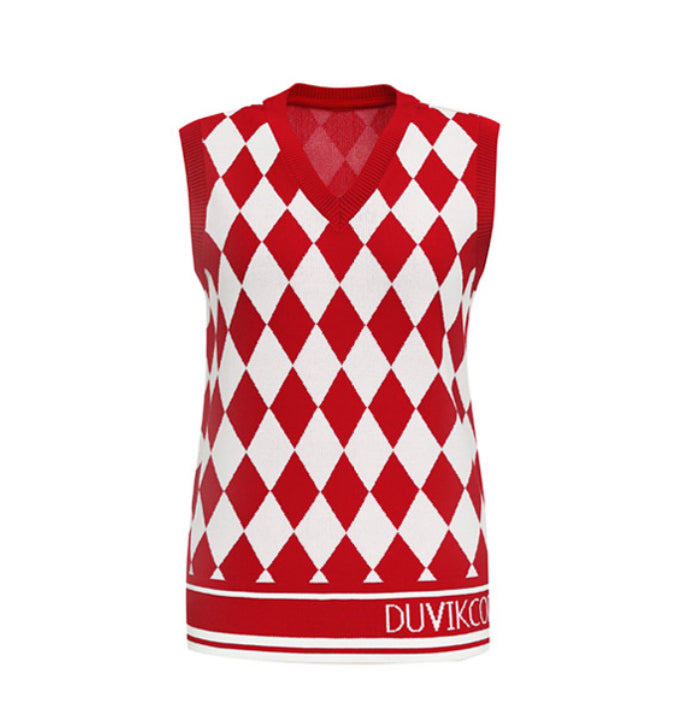 [DUVIK] Argyle Pattern V-Neck Vest-Red, Green, Black