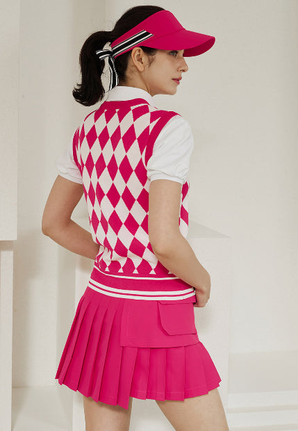 [DUVIK] Argyle Pattern V-Neck Vest- Deep Pink, Sky Blue