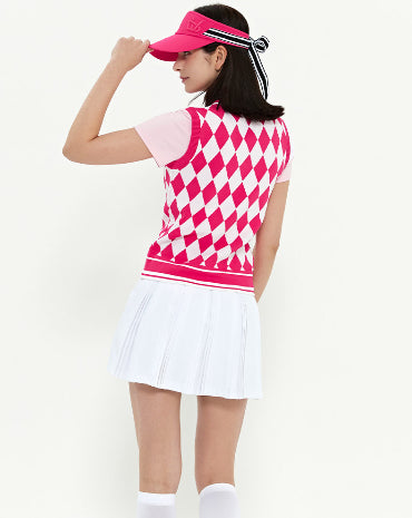 [DUVIK] Argyle Pattern V-Neck Vest- Deep Pink, Sky Blue