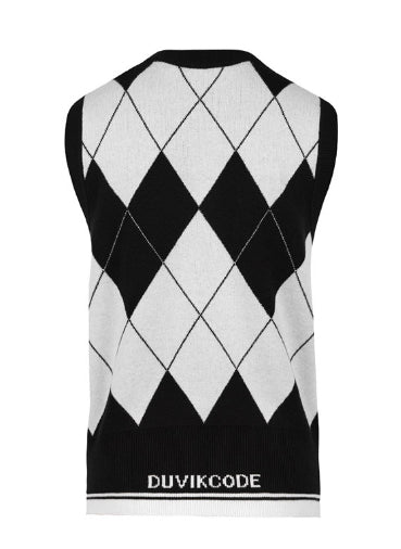 Round-neck modified argyle knit vest