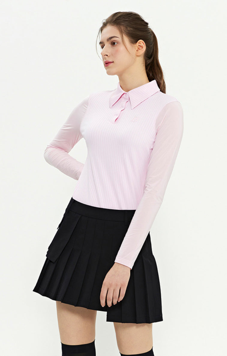 Wide Collar Cooling Long-Sleeve T-Shirt/ Pink, Deep Green