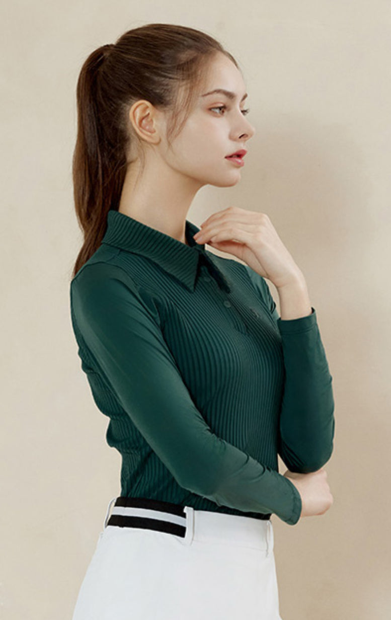 Wide Collar Cooling Long-Sleeve T-Shirt/ Pink, Deep Green