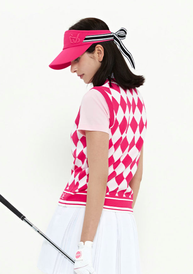 Argyle Pattern V-Neck Vest- Deep Pink, Sky Blue