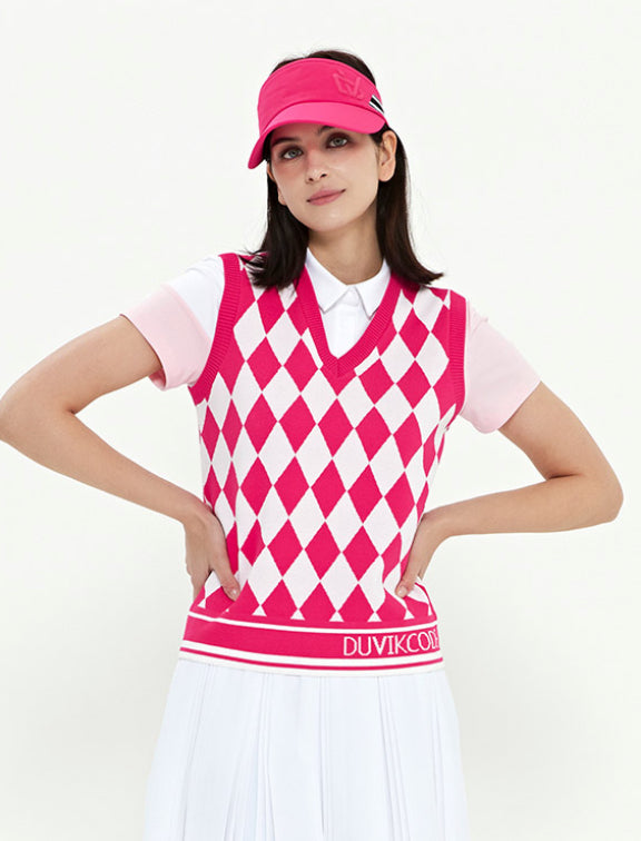 Argyle Pattern V-Neck Vest- Deep Pink, Sky Blue